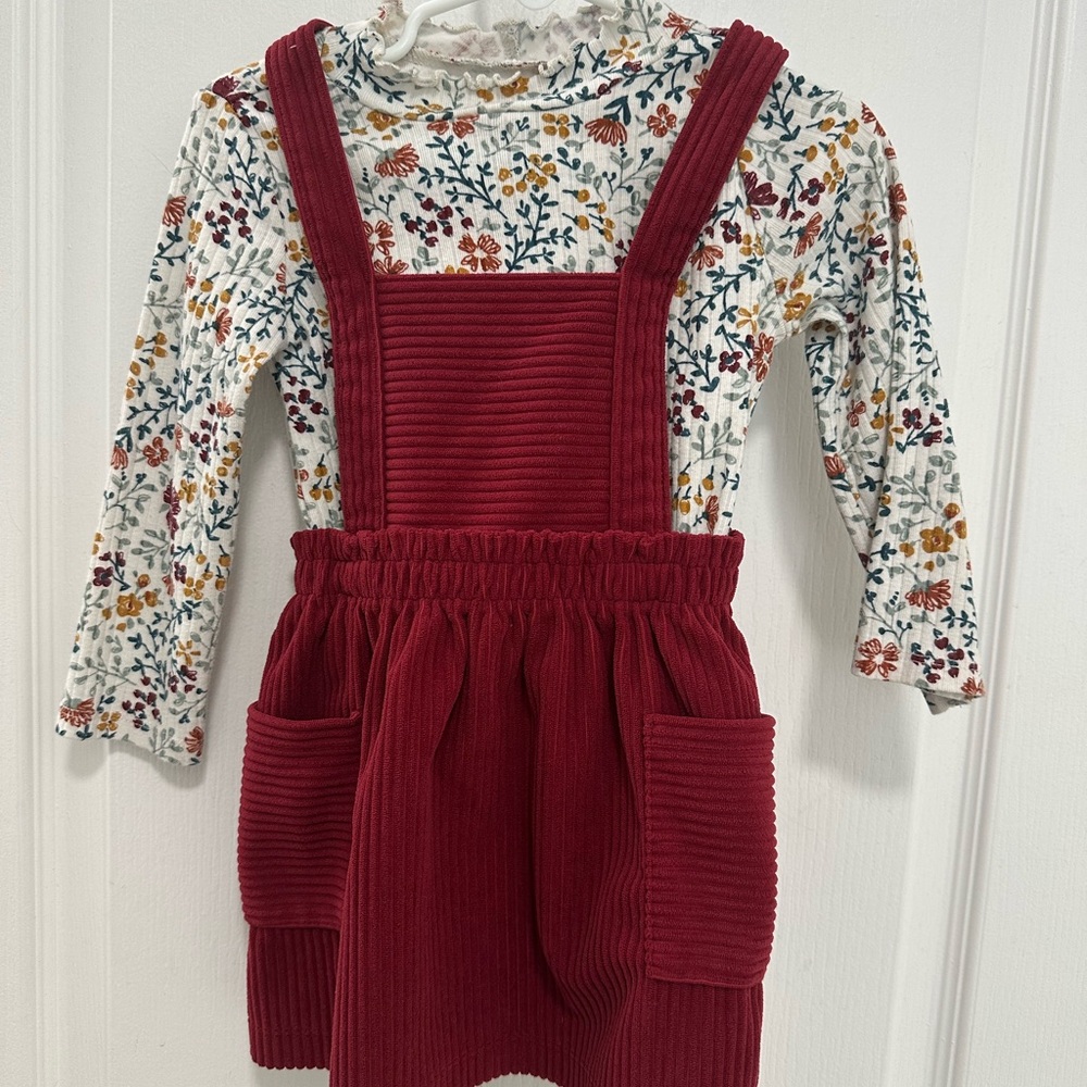 Burgundy Corduroy Skirt with Floral Top and matching tights